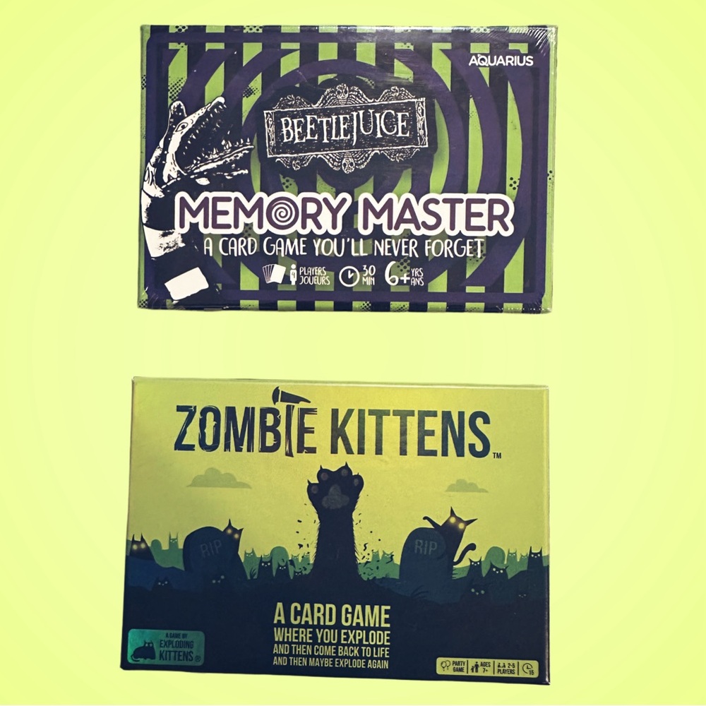 [ 2 FOR $40 ] BEETLEJUICE MEMORY MASTER & ZOMBIE KITTENS GAME BUNDLE